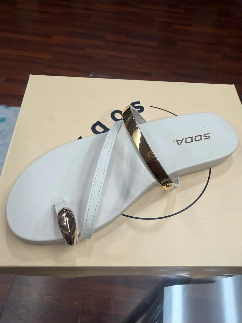 Soda White and Gold Women’s Toe-Ring Slide Sandals